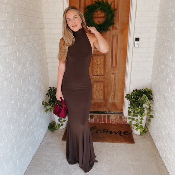 Norma Kamali Halter Turtle Fishtail Gown in Chocolate - Picture 3 of 6